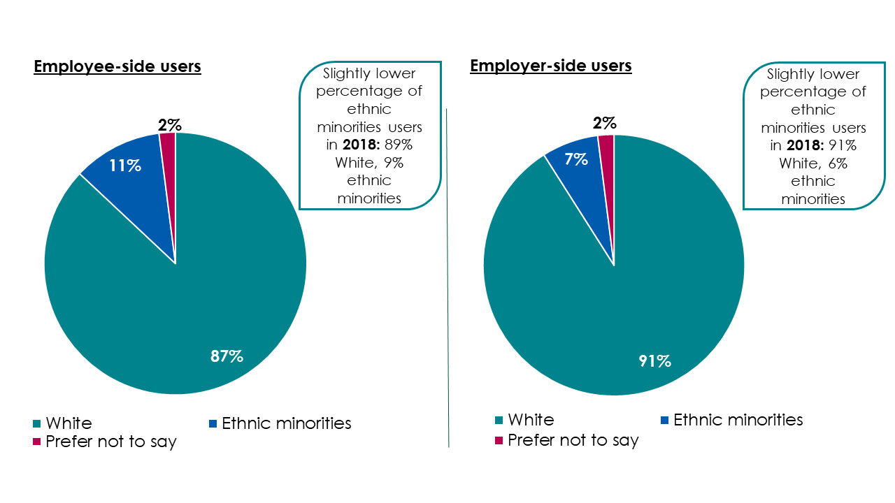 Pie charts showing employer-side users were more likely to be white (91% vs 87%) compared with ethnic minority users who were more likely to be employee-side users (11% vs 7%).