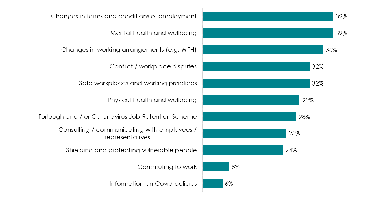Bar chart showing the most common COVID-19 queries were around changes in terms and conditions of employment, mental health and wellbeing, and changes in working arrangements.