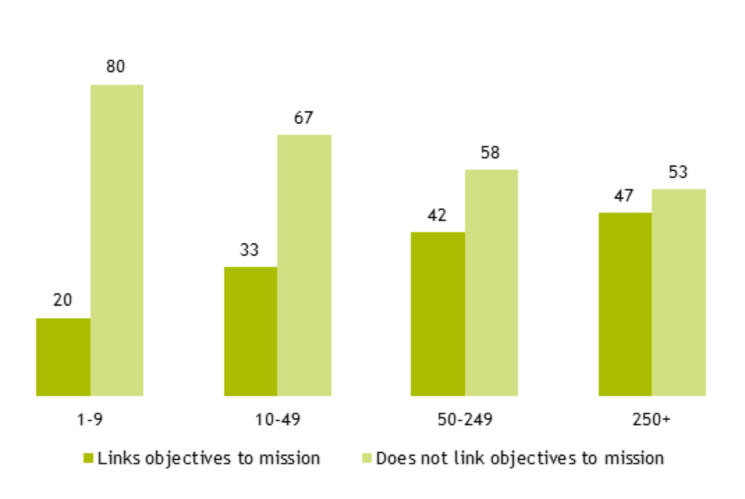 Bar chart showing that large organisations were far more likely to use systems that link an individual's objectives to the organisation's mission, as outlined in the previous text.
