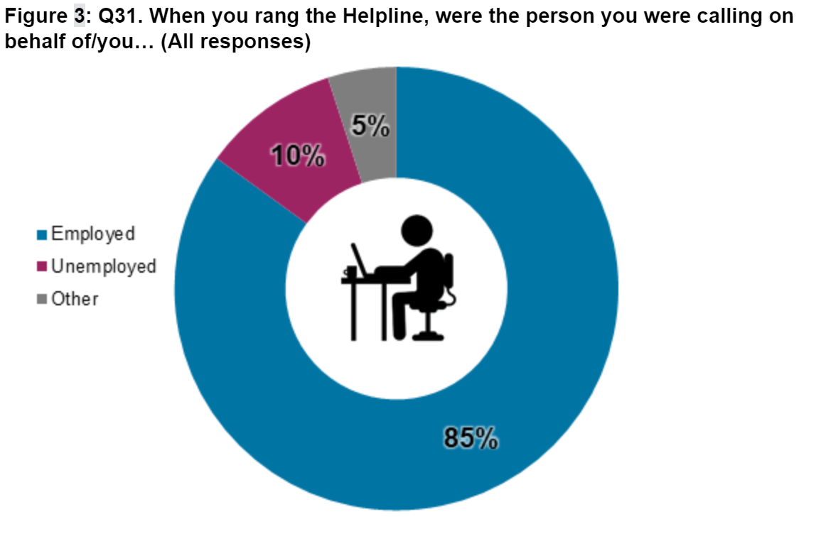 Charts showing 85% of callers were calling as or on behalf of someone who's employed, with 61% in full-time employment.