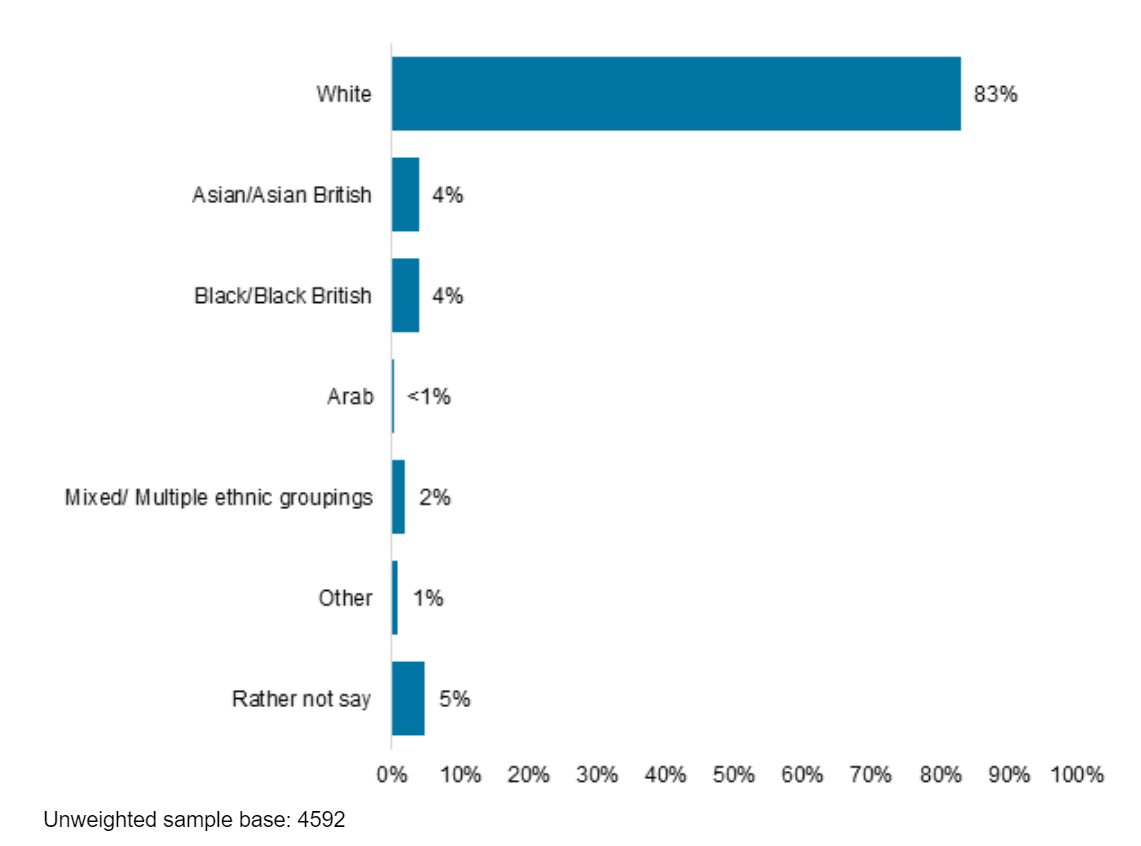 Bar chart showing 83% of callers identified as white, 4% as Asian/Asian British and 4% as black/black British.
