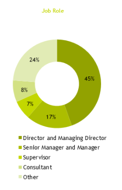 Pie chart showing 45% were directors or managing directors, 17% senior managers or managers, 7% supervisors, 8% consultants, 24% other roles.