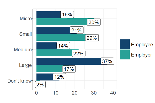 Bar chart showing the percentage of employee and employer respondents by organisation size. There were more calls from employers than employees in micro, small and medium-sized organisations than employees. There were more employees than employers calling from large organisations. Full data in the following table.